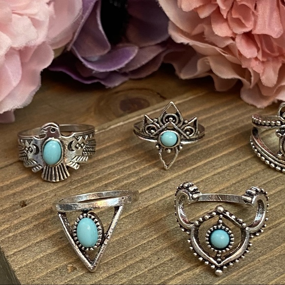 11 Pcs Tribal Silver Turquoise Gem Ring Set - Picture 12 of 16
